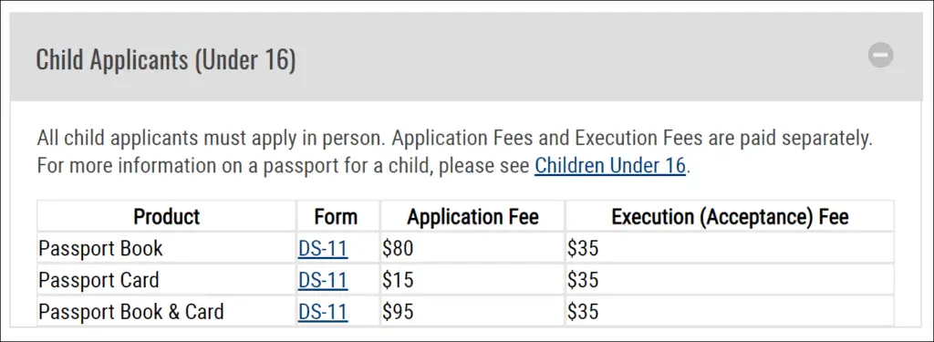 Passport Fee for Children Under 16