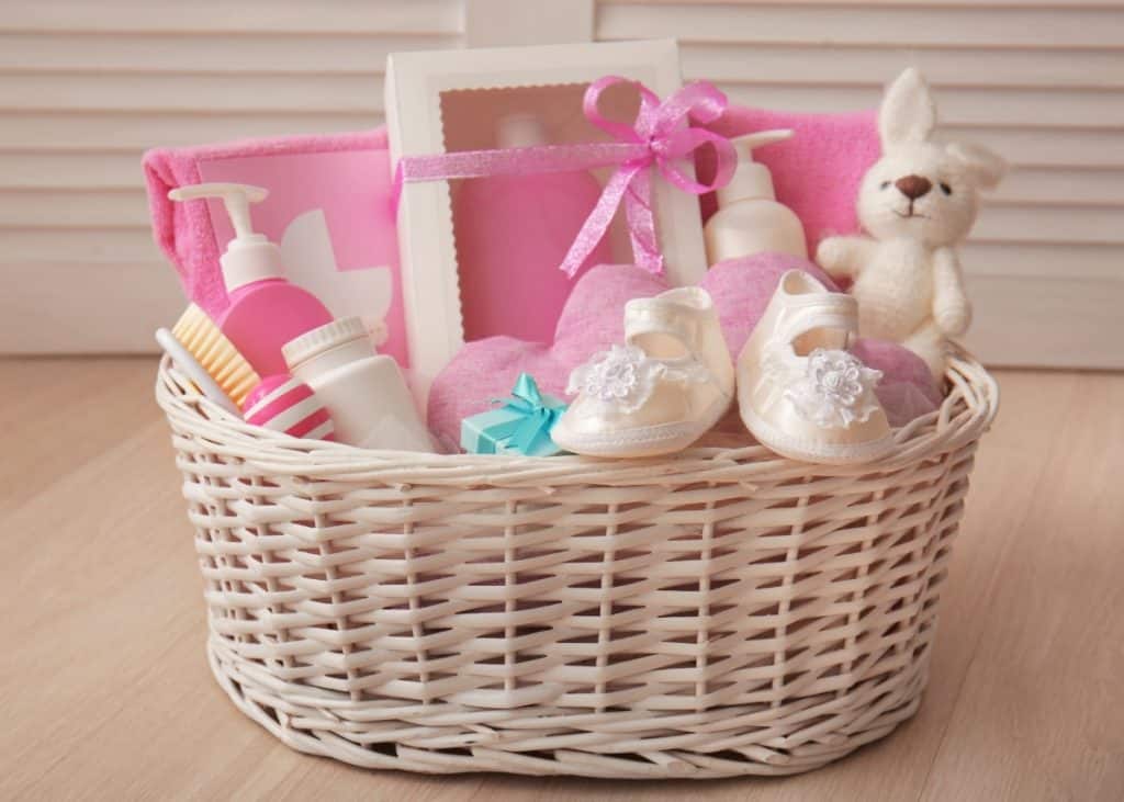 display baby shower present in an open basket