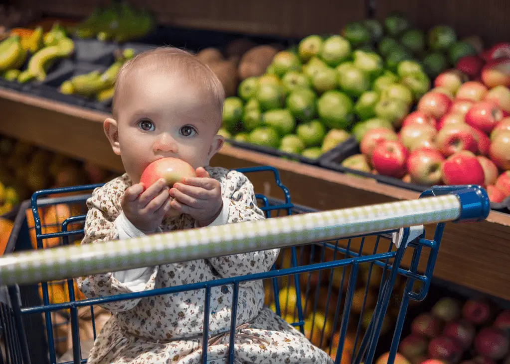 baby in front seat of cart eating an apple in grocery store