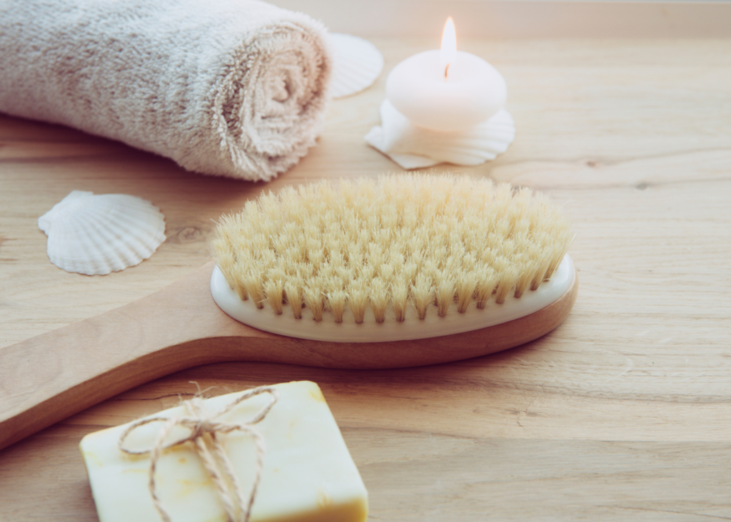 dry bristle brush in a spa-like environment. helps reduce appearance of stretch marks