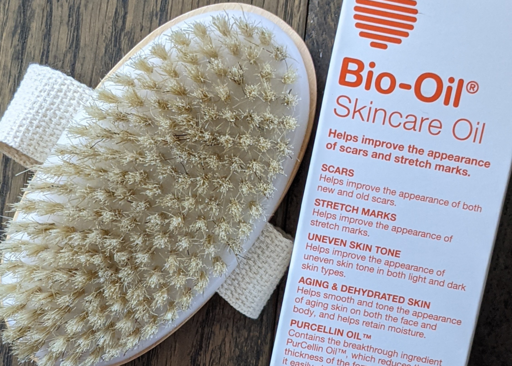 dry bristle brush and bio-oil used together to help decrease the appearance of stretch marks