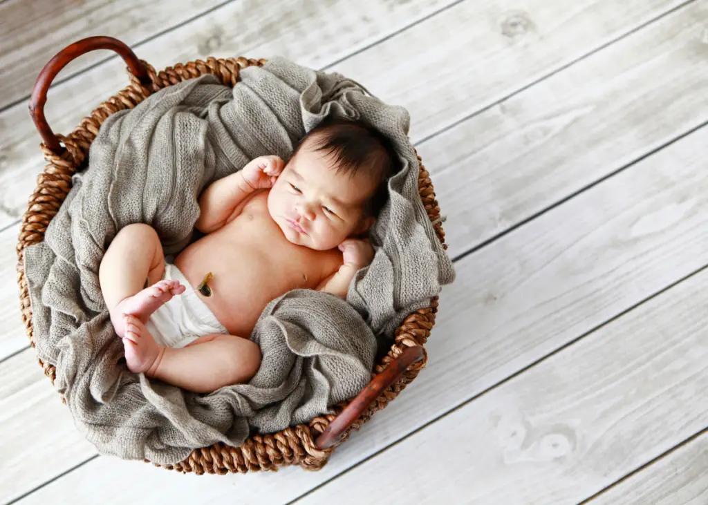 newborn baby in a basket on top of a swaddle for a newborn photoshoot